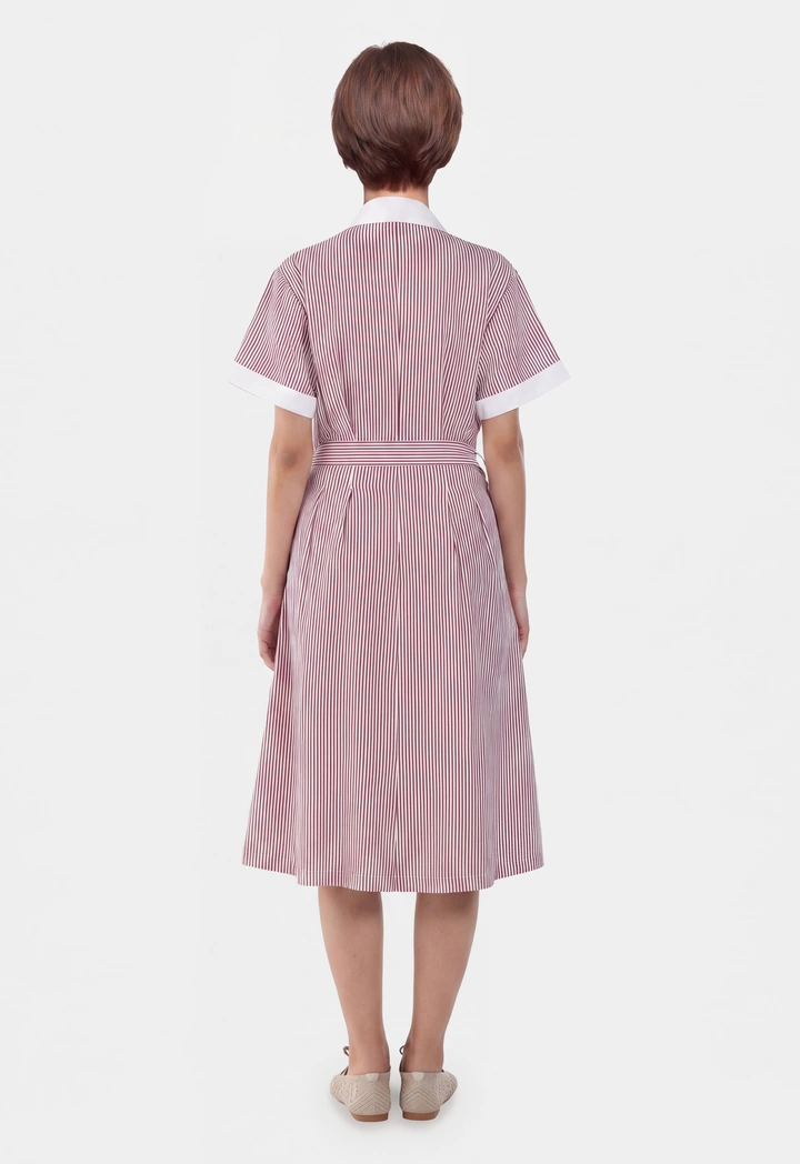 Pleated Belted Striped Shirt Dress