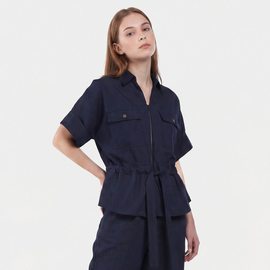 Drop Shoulder Belted Solid Shirt