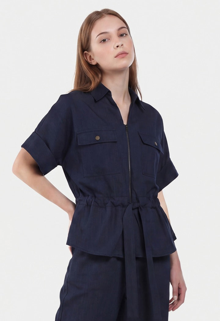 Drop Shoulder Belted Solid Shirt