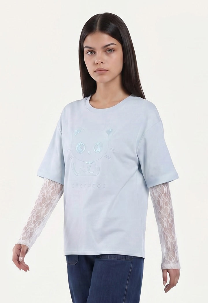 Chococat Embroidered Top with Lace Sleeves