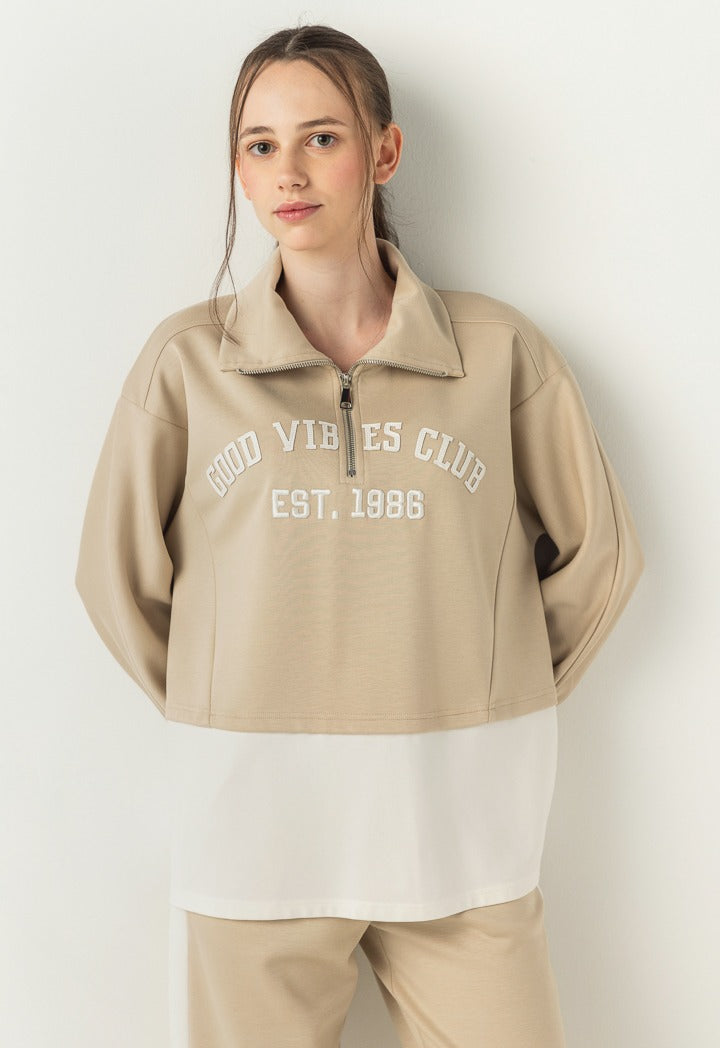 Hope Embroidered Contrast Sweatshirt Beige