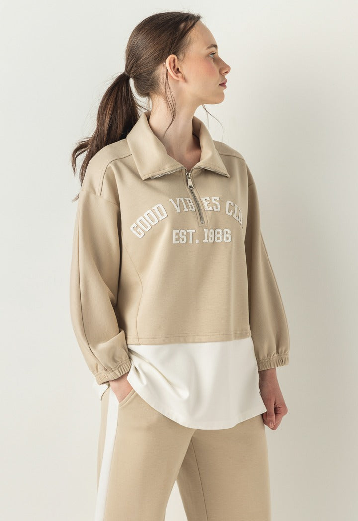 Hope Embroidered Contrast Sweatshirt Beige