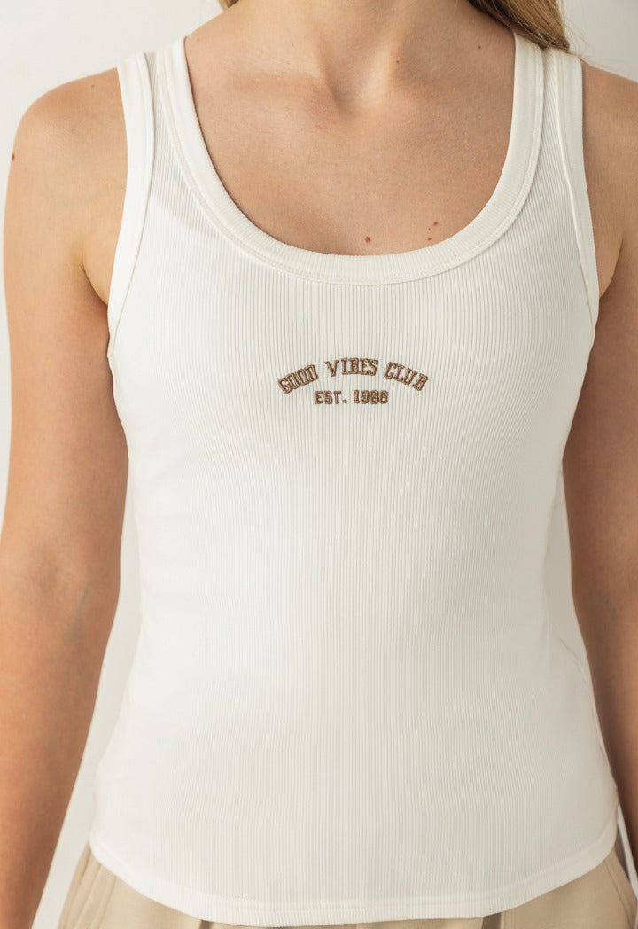 Hope Ribbed Embroidered Tank Top Off White