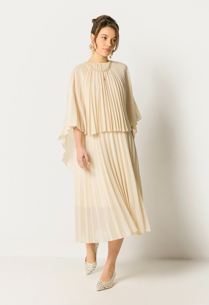 Cape Sleeves Pleated Dress Champagne
