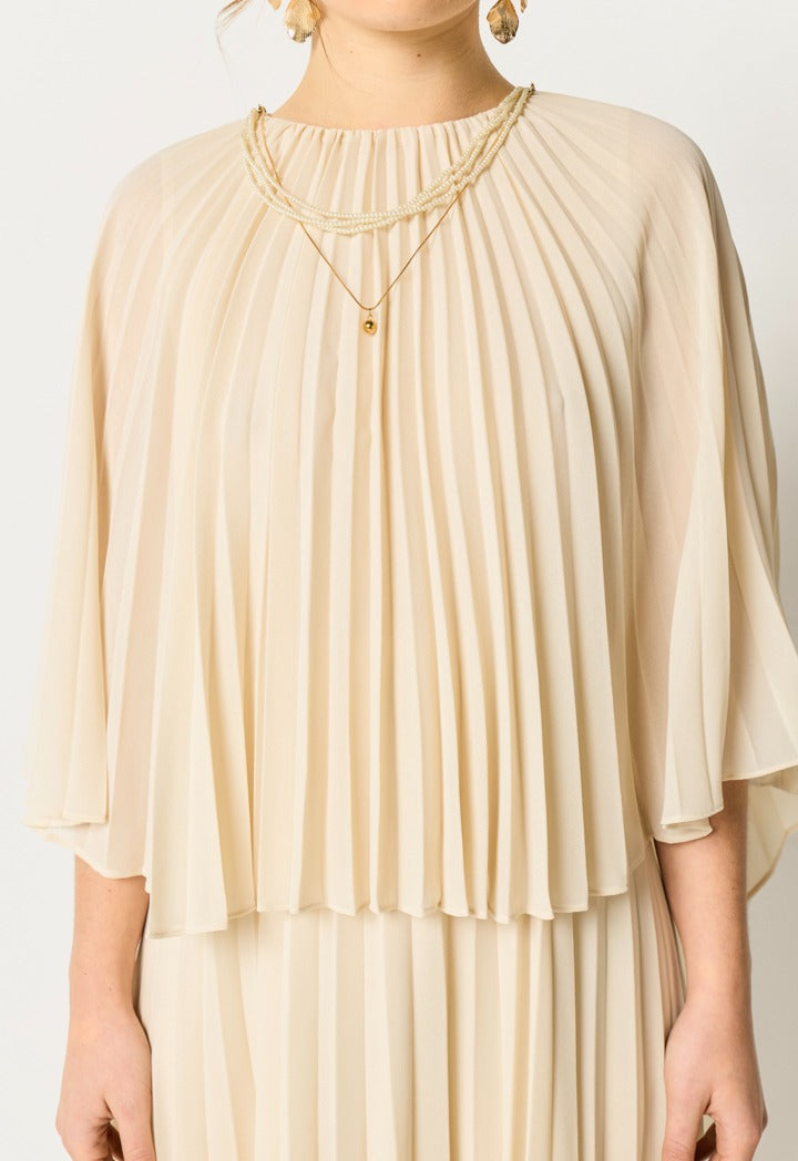 Cape Sleeves Pleated Dress Champagne