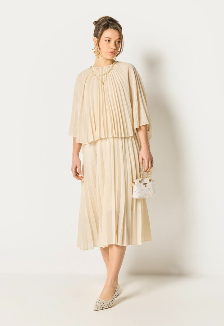 Cape Sleeves Pleated Dress Champagne