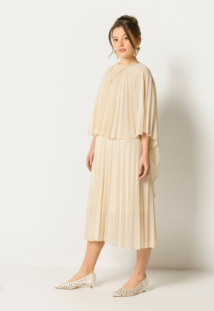 Cape Sleeves Pleated Dress Champagne