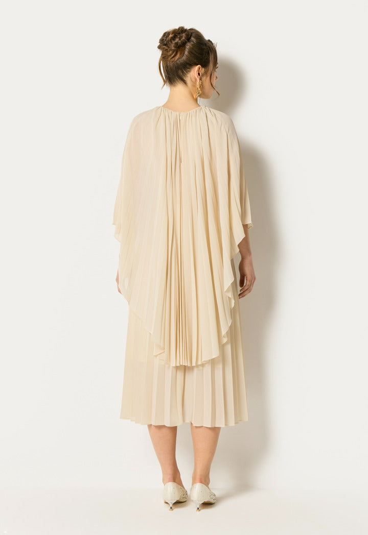 Cape Sleeves Pleated Dress Champagne