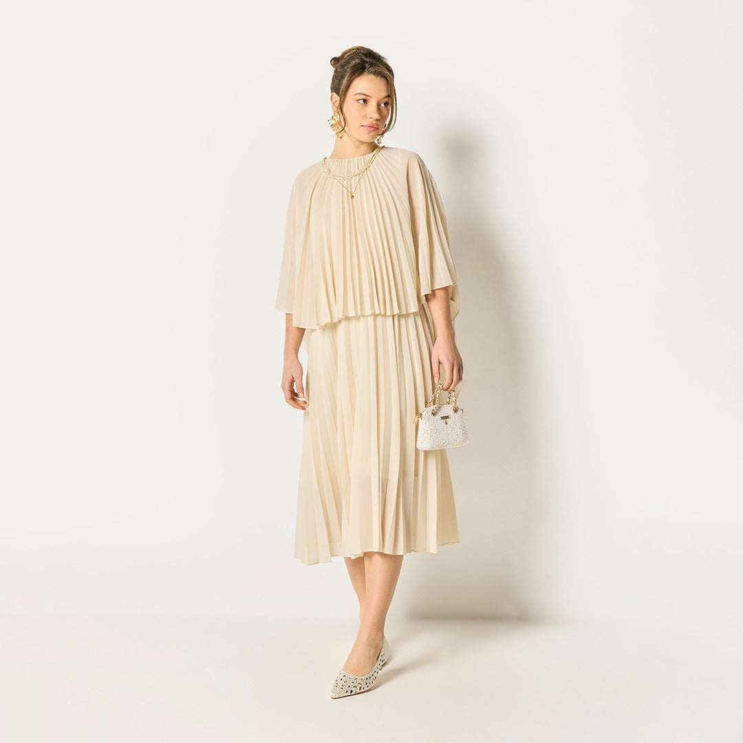 Cape Sleeves Pleated Dress Champagne
