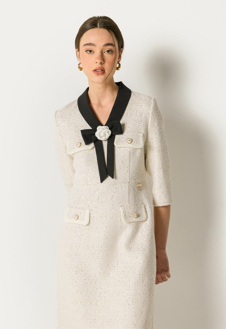Two-Toned Tweed Dress Off White