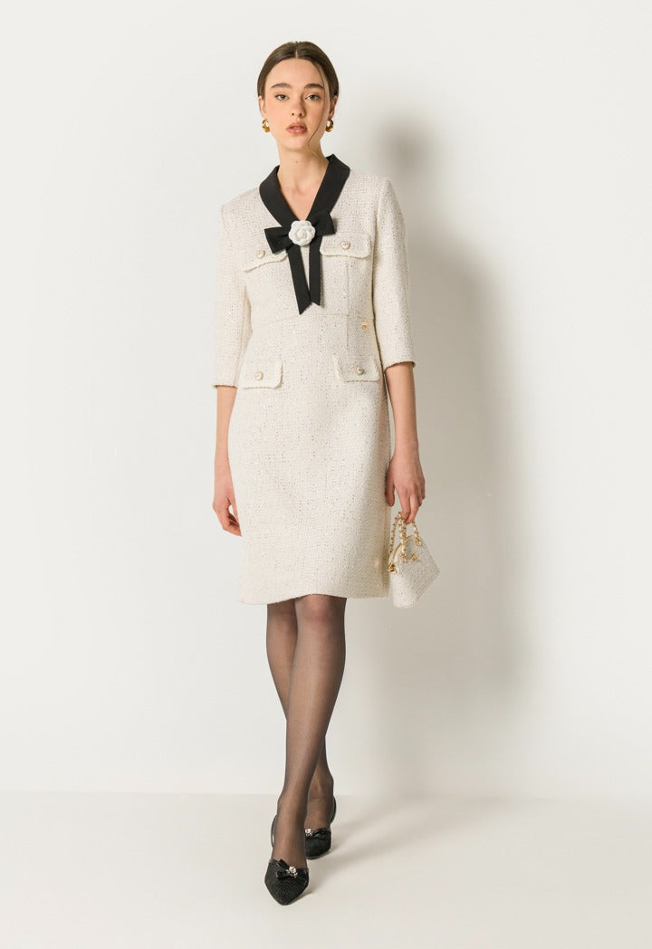 Two-Toned Tweed Dress Off White