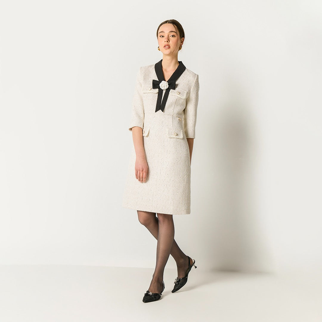 Two-Toned Tweed Dress Off White