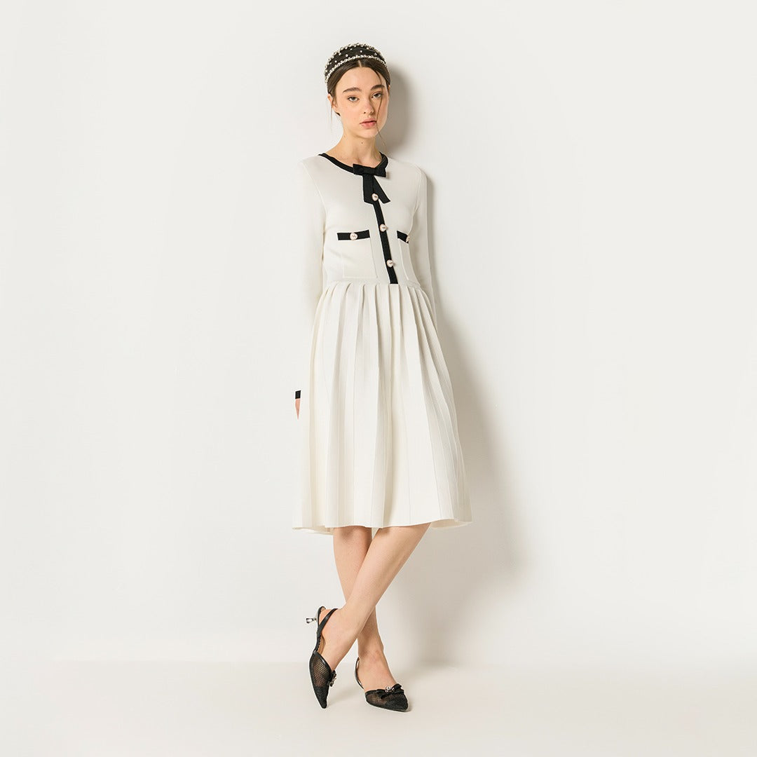 Contrast Elastic Dress Off White