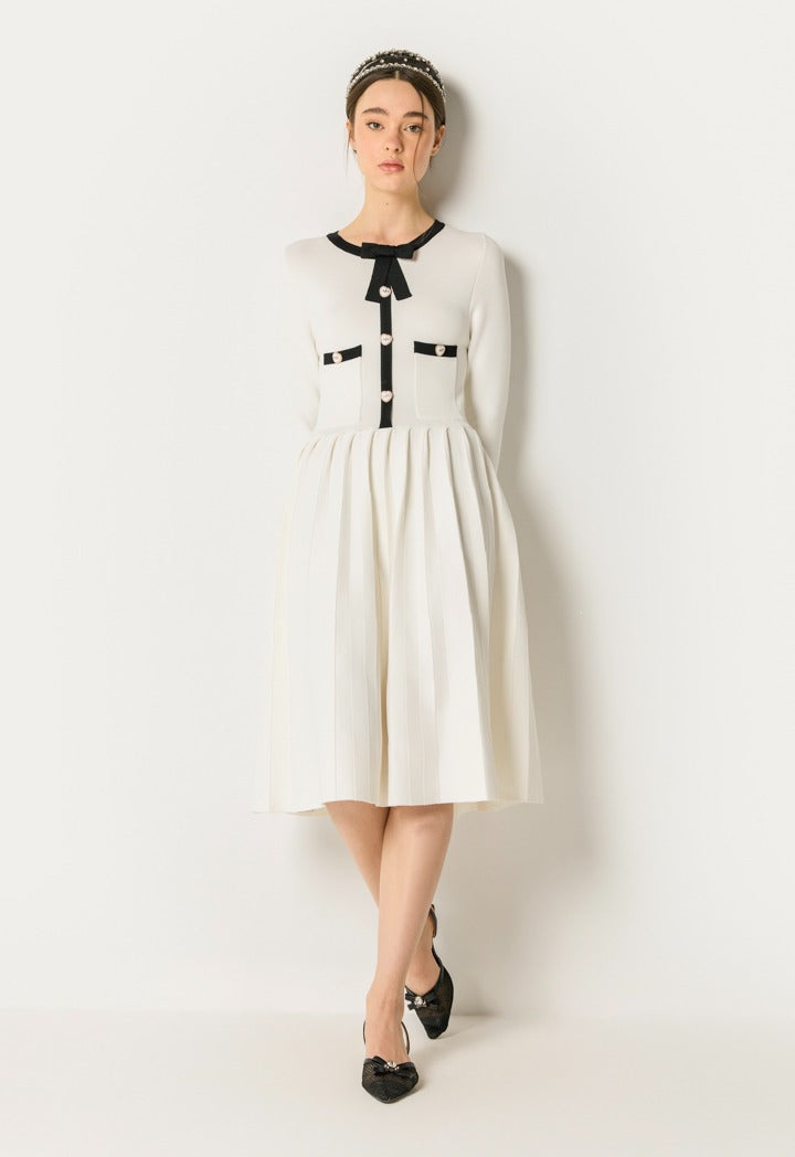 Contrast Elastic Dress Off White