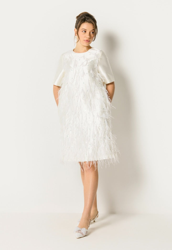 Faux Feather Sequin Dress Off White