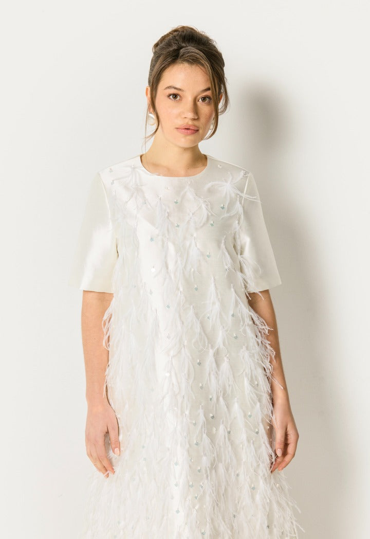 Faux Feather Sequin Dress Off White