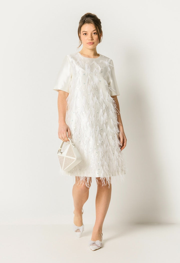 Faux Feather Sequin Dress Off White