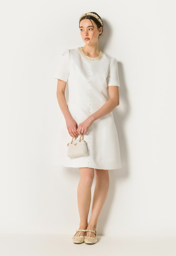 Beads Embellished Solid Dress Off White