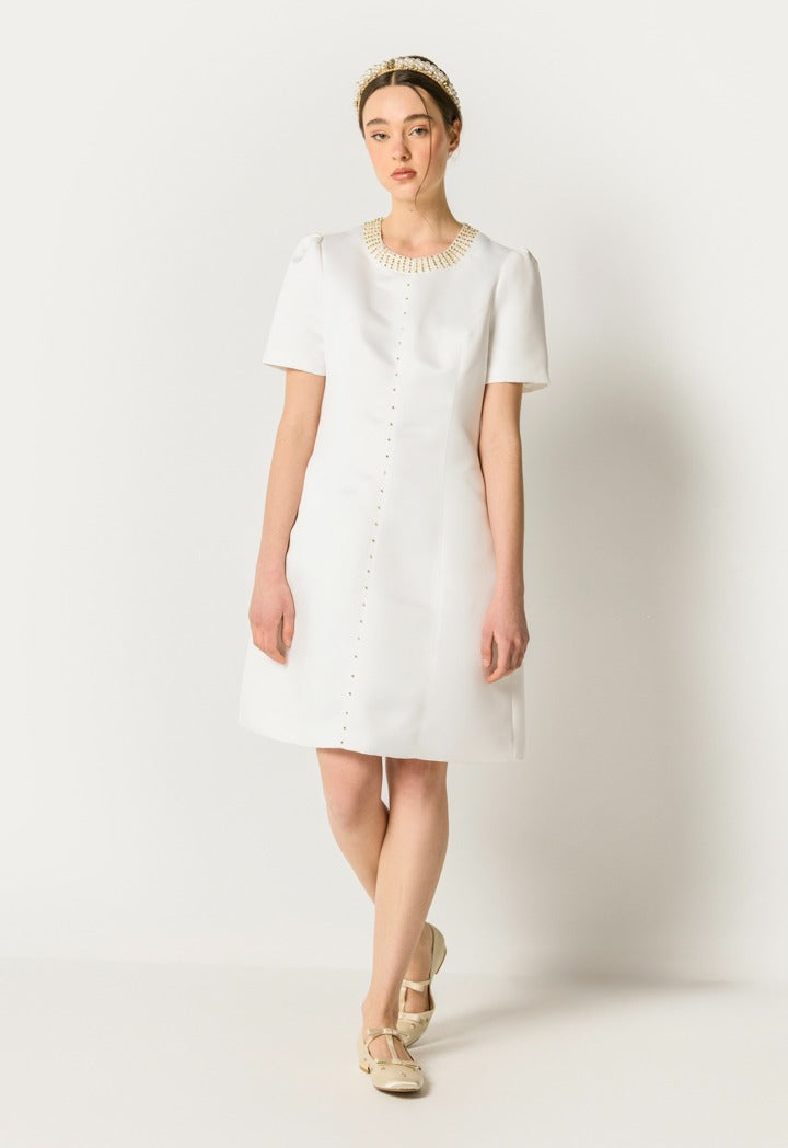 Beads Embellished Solid Dress Off White