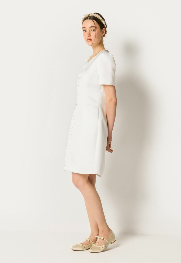 Beads Embellished Solid Dress Off White