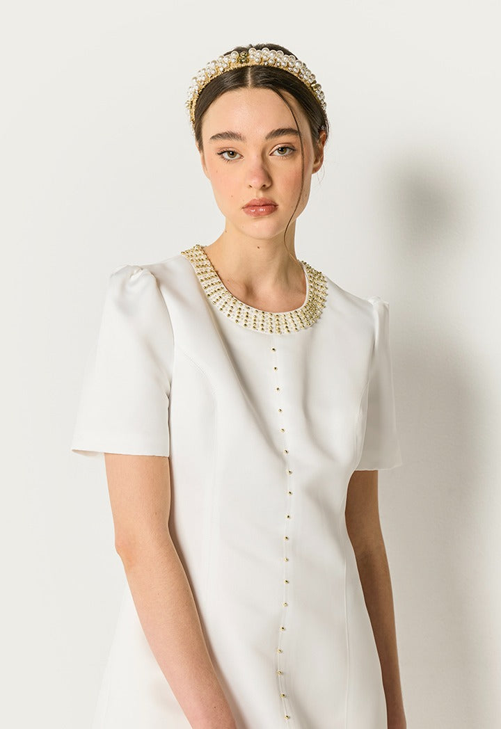Beads Embellished Solid Dress Off White