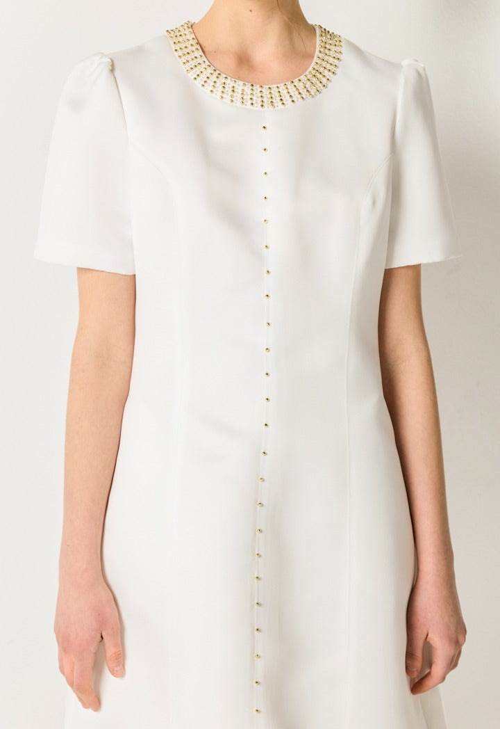 Beads Embellished Solid Dress Off White