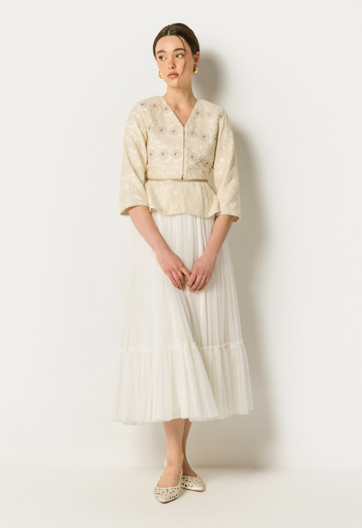 Lace Belted Jacket With Skirt Set Champagne