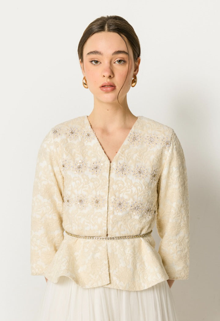 Lace Belted Jacket With Skirt Set Champagne