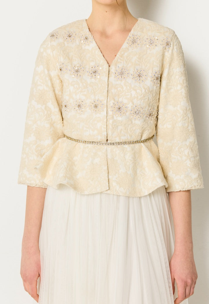 Lace Belted Jacket With Skirt Set Champagne
