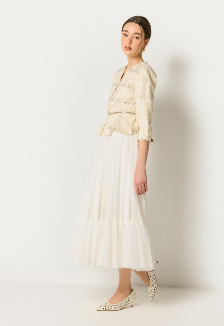 Lace Belted Jacket With Skirt Set Champagne