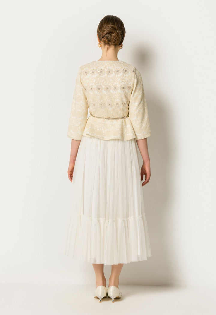 Lace Belted Jacket With Skirt Set Champagne