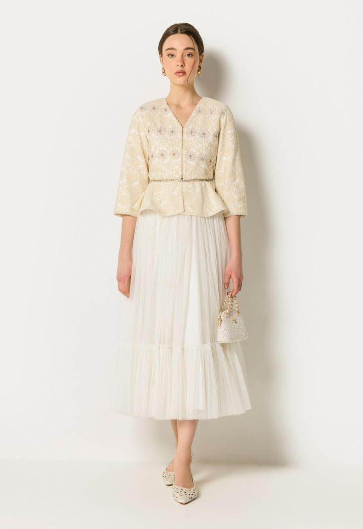 Lace Belted Jacket With Skirt Set Champagne