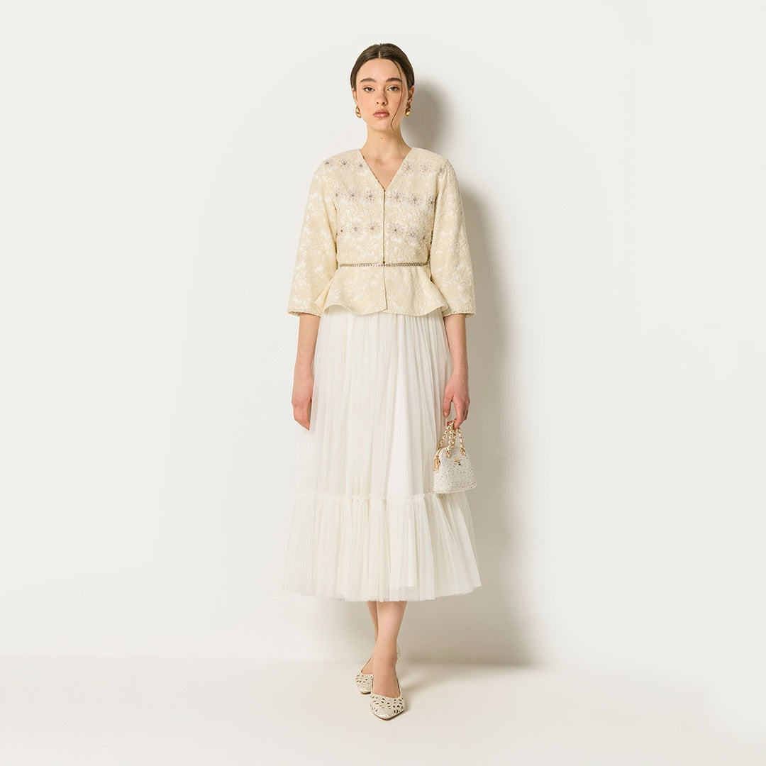 Lace Belted Jacket With Skirt Set Champagne