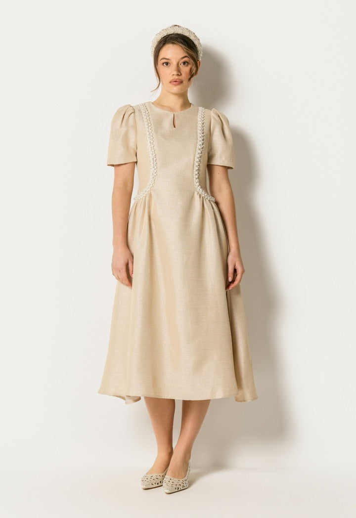 Faux Pearls Embellished Lurex Dress Champagne
