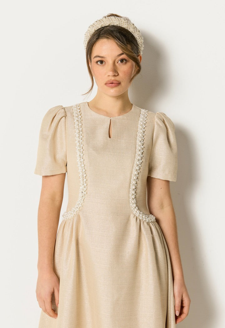 Faux Pearls Embellished Lurex Dress Champagne