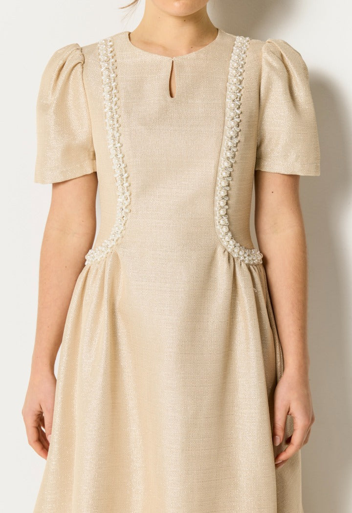 Faux Pearls Embellished Lurex Dress Champagne