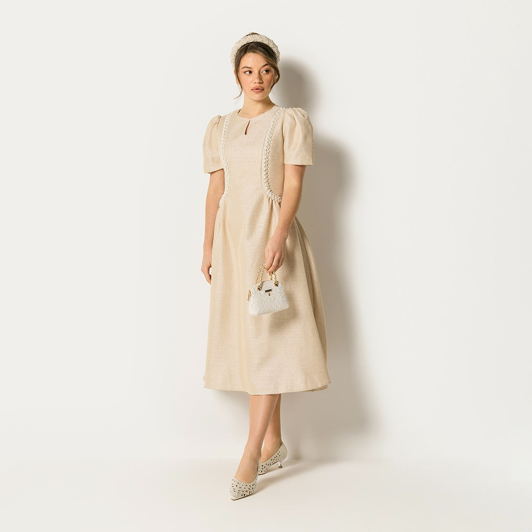 Faux Pearls Embellished Lurex Dress Champagne