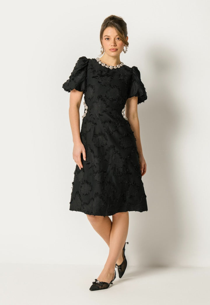 Frayed Crystal Embellished Dress Black