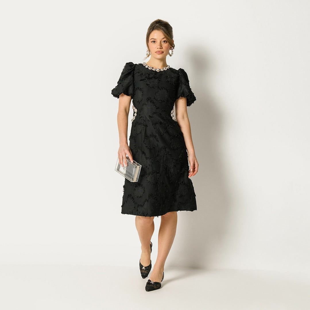 Frayed Crystal Embellished Dress Black