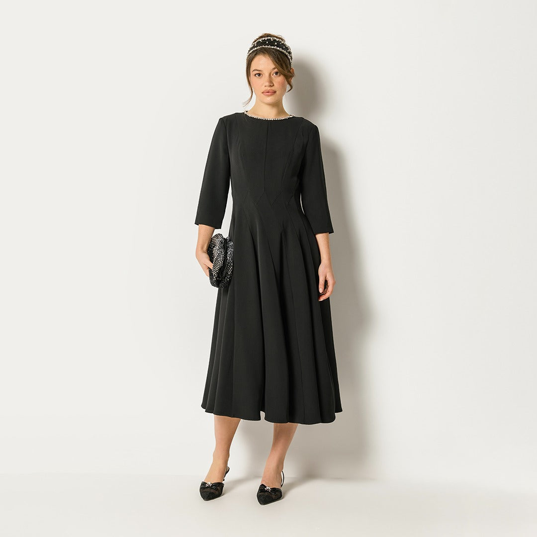 Crystal Embellished Flared Dress Black