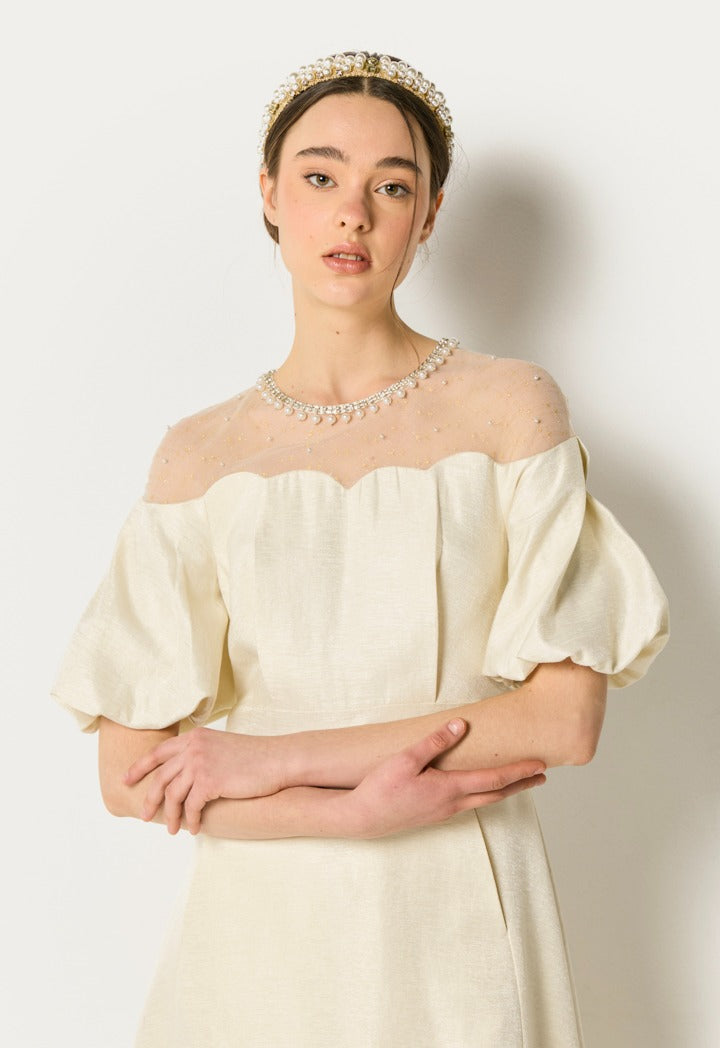 Puffed Sleeves Solid Dress Champagne