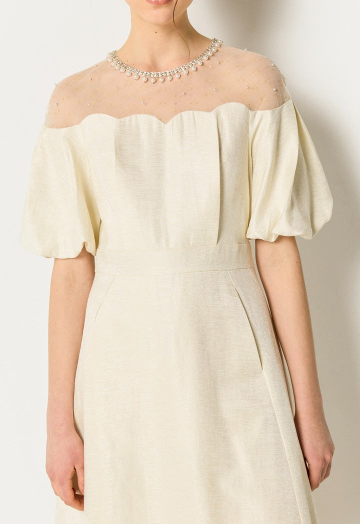 Puffed Sleeves Solid Dress Champagne