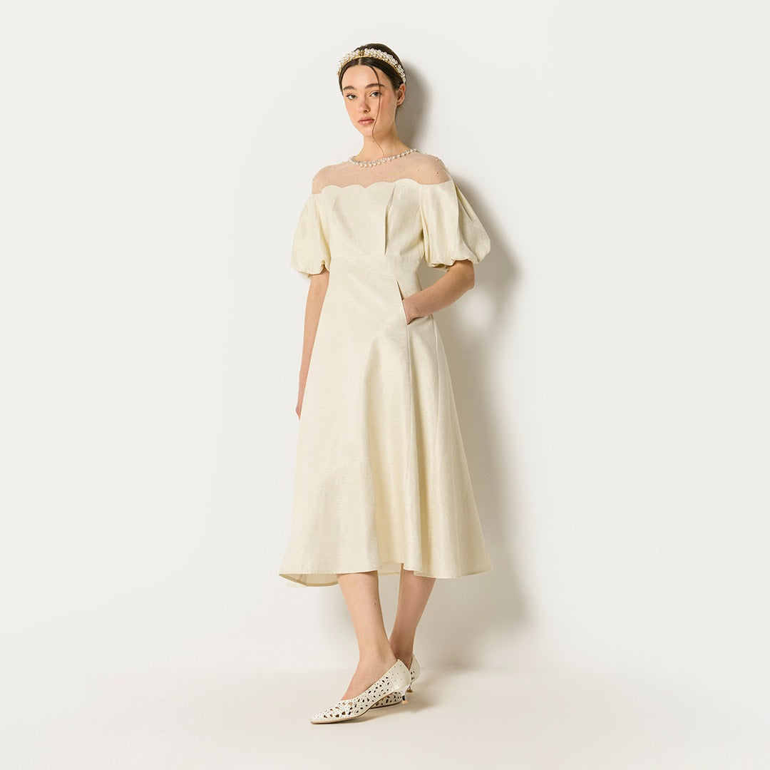 Puffed Sleeves Solid Dress Champagne