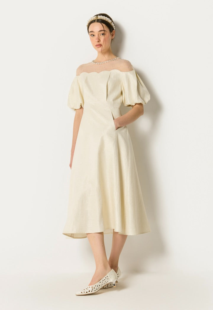 Puffed Sleeves Solid Dress Champagne