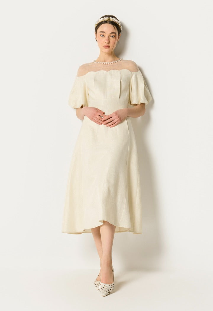 Puffed Sleeves Solid Dress Champagne