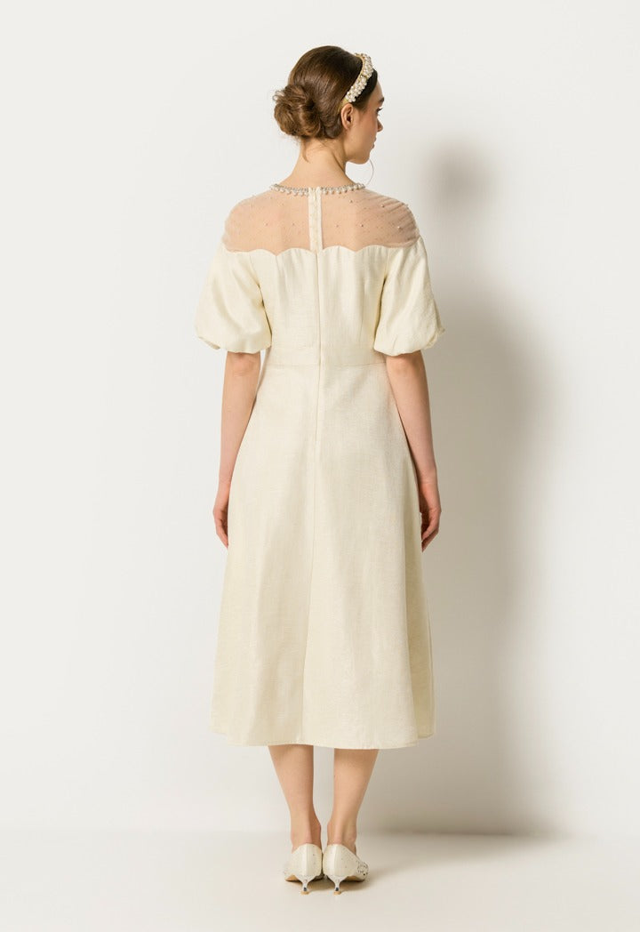 Puffed Sleeves Solid Dress Champagne