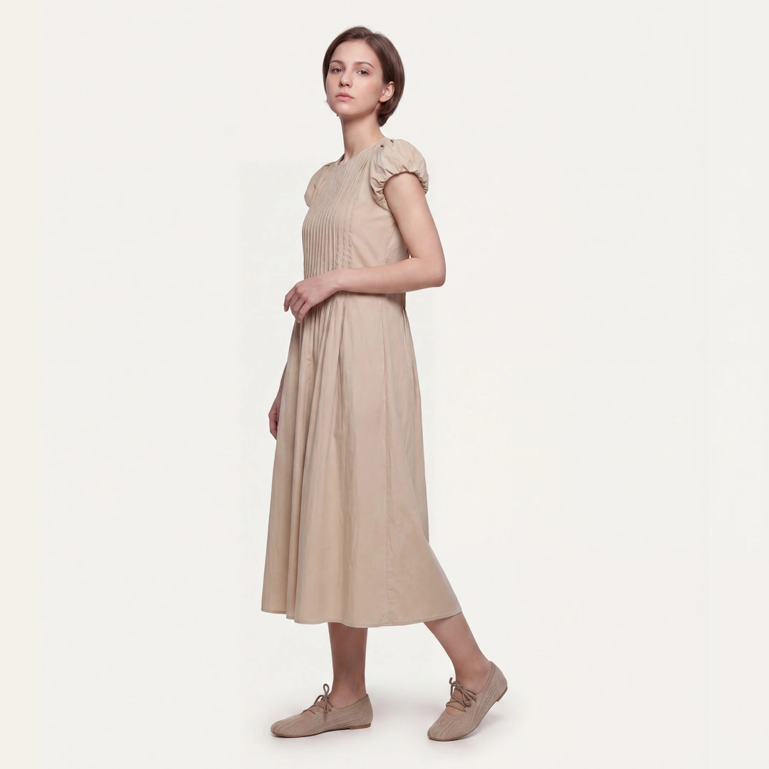 Pleated Flared Solid Dress