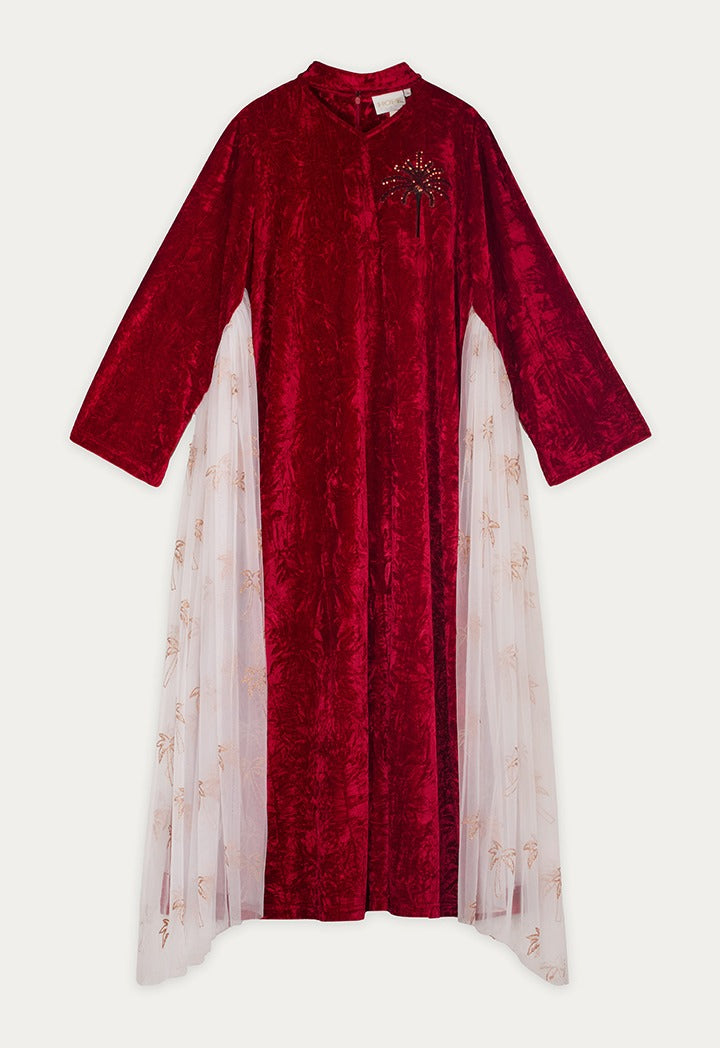 Crinkled Velvet Sequin Details Dress Burgundy