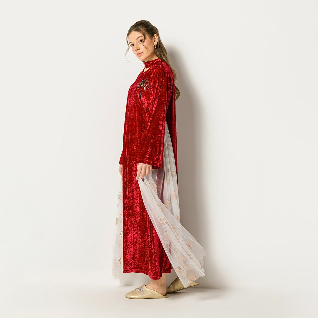 Crinkled Velvet Sequin Details Dress Burgundy