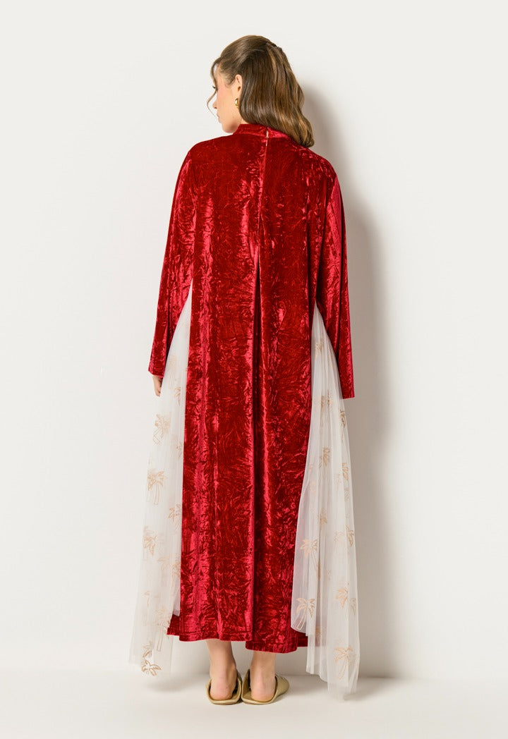 Crinkled Velvet Sequin Details Dress Burgundy